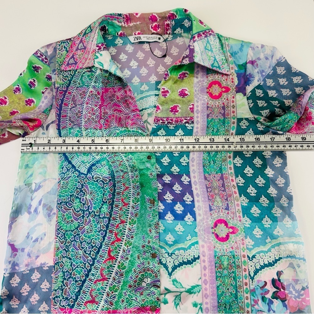 Zara bright patchwork blouse XS Oversize pink turquoise print button up Bohemian - Picture 4 of 11